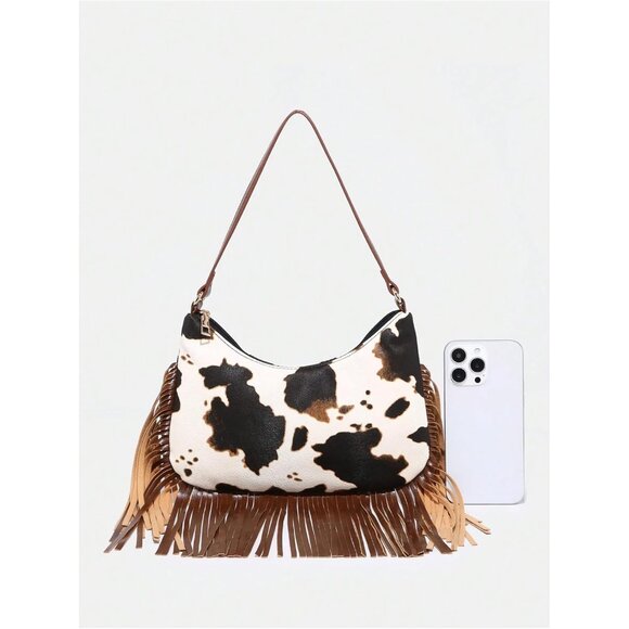 Women's Western Cow Print Fringe Trim Faux Leather Shoulder Bag Zipper Purse - Picture 3 of 6